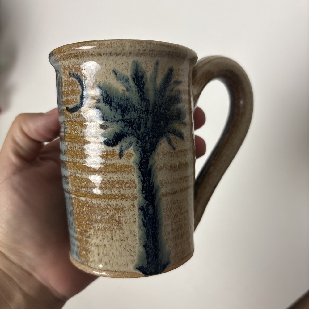 Walters Handmade Palm Tree Crescent Moon Art Pottery Mug Charleston